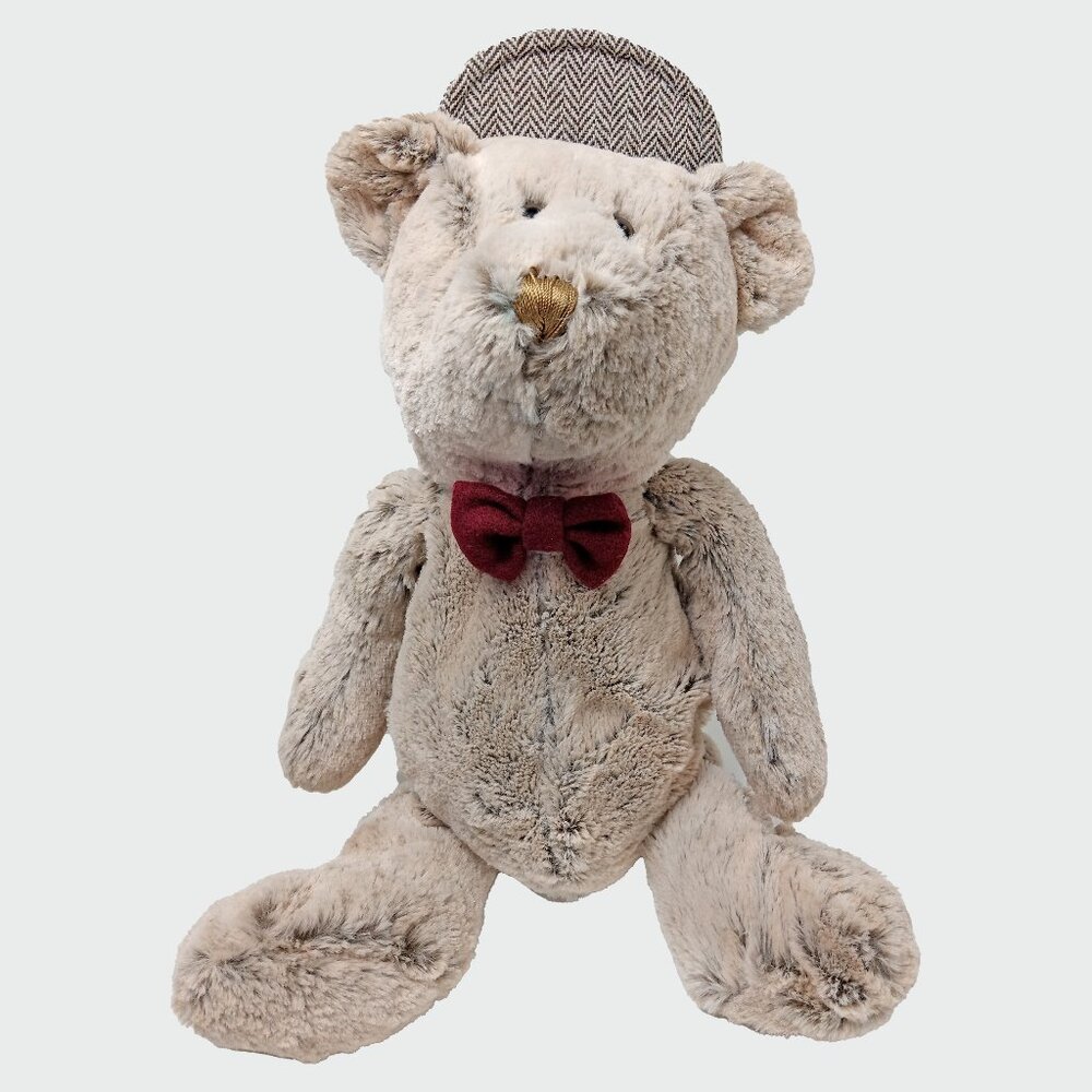 Animal Adventure Grayish Brown Teddy Bear With Tweed Style Hat & Red Bowtie 16"